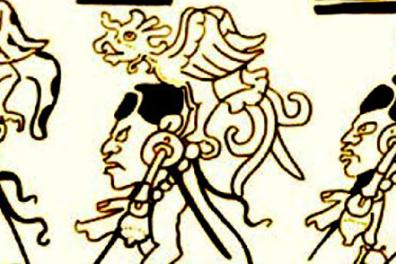 Détail d’un almanach en page 16 du Codex Dresdensis. (Bibliothèque de Saxe, Dresde, Allemagne), époque postclassique récente. D’après un fac-similé numérique d’Andreas Fuls 2001.
