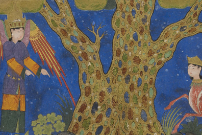 Gravure afghane du Moyen-Age représentant un cavalier sur un centaure, un ange et un arbre