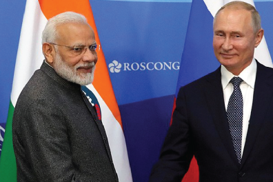 Indian Prime Minister Narendra Modi and Russian President Vladimir Putin make Press statements following talks at Russky Island, Primorye Territory, Russia. 4 September 2019