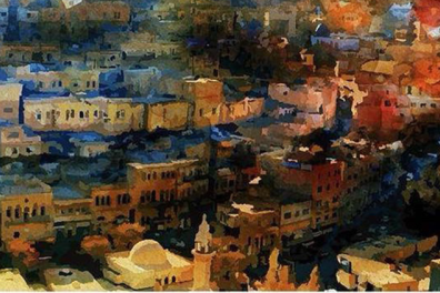 Peinture représentant une vue panoramique de la ville de salt (Jordanie)