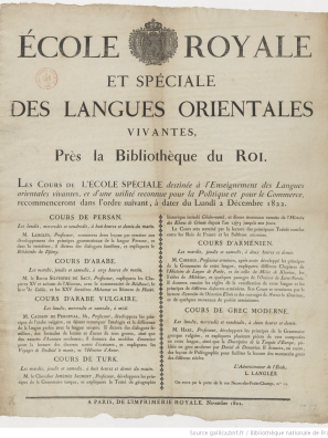 Affiche destinée aux élèves signée par Louis-Mathieu Langlès, premier administrateur de l'école, 1822