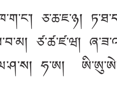 Tibet - Les trente signes consonnes suivis des quatre diacritiques voyelles, affixées à la lettre a.