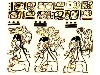 Détail d’un almanach en page 16 du Codex Dresdensis. (Bibliothèque de Saxe, Dresde, Allemagne), époque postclassique récente. D’après un fac-similé numérique d’Andreas Fuls 2001.