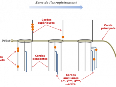 Quechua - Figure 1. Schéma d’un quipu standard Inca composé d’une corde principale, des cordes secondaires : pendantes, supérieures et auxiliaires, et des nœuds. (Dessin C. Gonzalez).