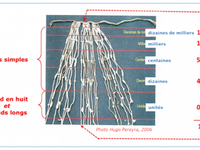 Quechua - Figure 6. Les nœuds et l’écriture des numéraux quechua dans le quipu MSP 1396 du musée de Pachacamac (Lima). Ce quipu est composé de 27 cordes pendantes réparties en trois groupes de 9 cordes chacun (Photo Pereyra 2006 : 15).