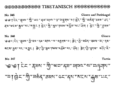Trois caractères tibétains du K. K. Hof- und Staatsdruckerei de Vienne.
