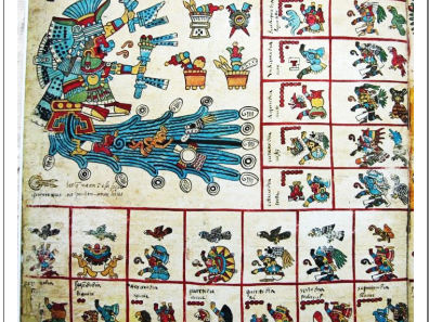 Aztèque - Figure 8 : Exemple du Tonalamatl, en 20 *13,  du Codex Borbonicus, planche 5.