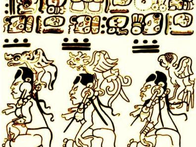 Détail d’un almanach en page 16 du Codex Dresdensis. (Bibliothèque de Saxe, Dresde, Allemagne), époque postclassique récente. D’après un fac-similé numérique d’Andreas Fuls 2001.