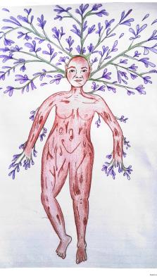 Dessin d'une personne nue avec des fleurs et branches qui sortent de la tête et des mains