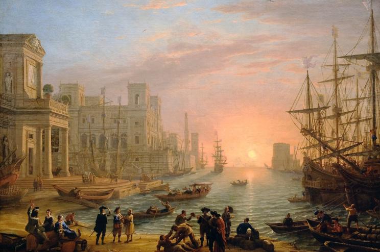 Port de mer au soleil couchant