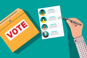une illustration d'une urne de vote, d'une feuille à coté avec les portraits des candidats à cocher et une main tenant un stylo qui écrit sur la feuille