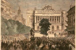 J. Parot, Leurs Majestés se rendant au banquet offert, dans la nouvelle Bourse par la Chambre de Commerce de Marseille, gravure, s.d.
