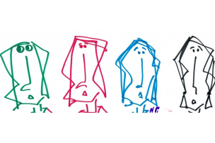 Dessin de 4 personnages vert, rouge, bleu et noir