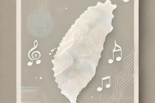 A minimalist vertical poster featuring a soft, clean map of Taiwan in the center, created with fine white or light gray lines on a muted beige or ligh