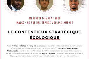 Visuel de la conférence "Le contentieux stratégique écologique" avec les portraits des 3 intervenants