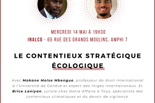 Visuel de la conférence "Le contentieux stratégique écologique" avec les portraits des 2 intervenants
