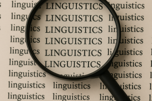 Une page avec écrit "linguistics" avec une loupe
