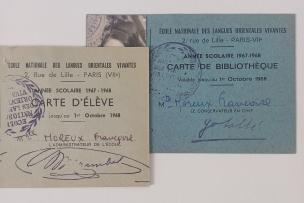 Cartes d'élève et de bibliothèque l'Ecole nationale des langues orientales vivantes pour l'année 1967-1968.