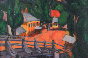 Une peinture qui représente un village au coeur d'une forêt 