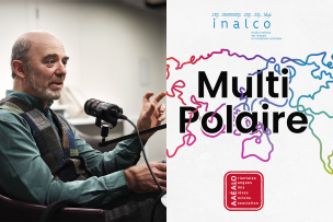 A gauche : Julien Vercueil au micro du podcast Multipolaire, à droite : couverture du podcast