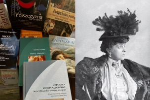 Collage d'une photo de plusieurs livres en polonais et portrait de l'autrice 