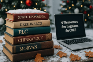 Vieux livres enneigés sur une table à côté d'un ordinateur et en arrière plan deux sapins de Noël