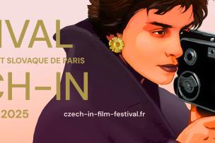 Affiche du Festival Czech-in 2025 avec l'illustration d'une réalisatrice derrière sa caméra