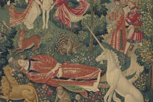 Tableau représentant un homme allongé au sol avec une licorne et autres animaux autour de lui, deux anges l'emmènent 