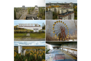 Montage de 6 photos avec des immeubles, un monument avec une écriture en cyrillique, une grande roue et un gymnase avec des cages de handball