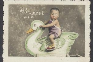 Enfant à cheval sur un cygne à bascule