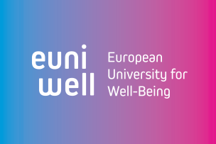 Logo EUniWell apposé sur un dégradé de couleurs allant du bleu au rose