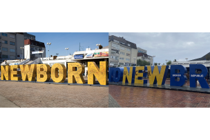 Montage de deux photos avec des grosses lettres jaunes et bleues