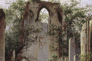 peinture d'une maison et de vestiges d'un monastère entourée d'une forêt